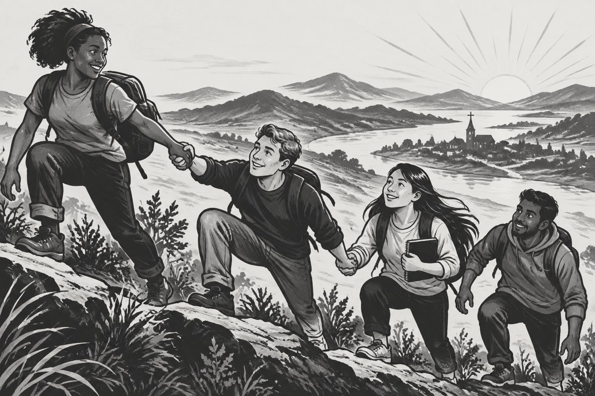 Illustration of young people helping one another toward a bright horizon.